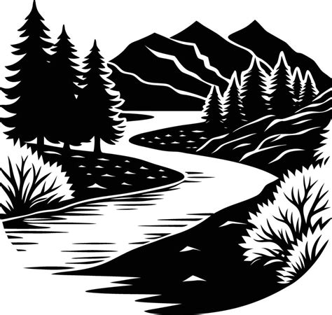 A black and white silhouette illustration of a river and trees 46977986 ...