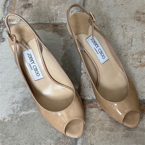 Jimmy Choo Nova Tan Nude Patent Leather Slingback Pee Gem