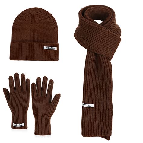Brown Women'S Winter Hat Scarf Gloves Set Knitted Thermal Ear
