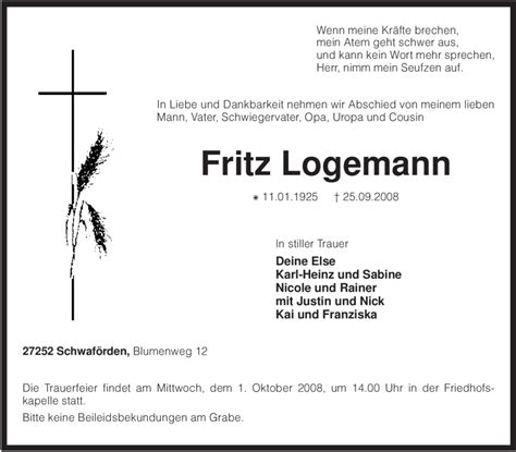 Traueranzeigen Von Fritz Logemann Trauer Kreiszeitung De