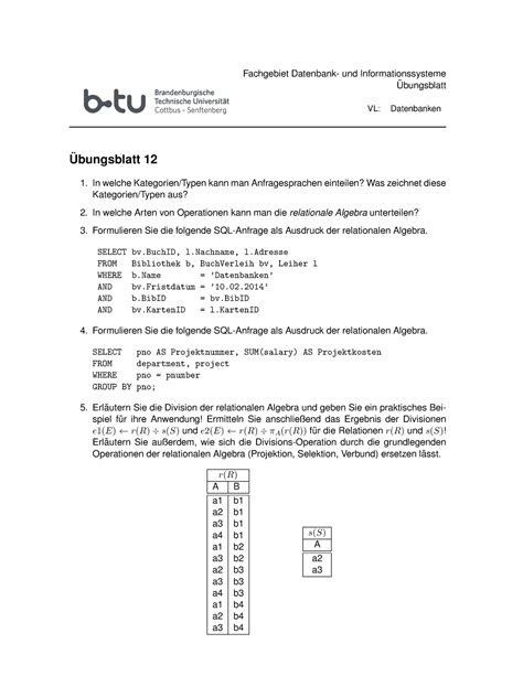 Uebung 12 Db Aufgaben Eigenschaften Von Datenbank Management