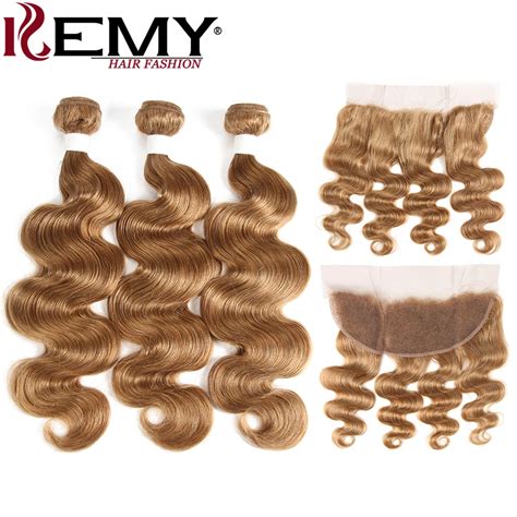 Light Brown 27 Brazilian Body Wave Human Hair Bundles With Frontal 13