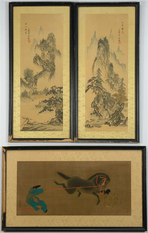 Lot Framed Chinese Silk Scroll Paintings