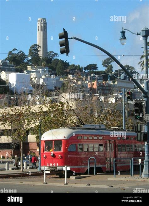 The vintage trams run along the Embarcadero waterfront in San Francisco ...