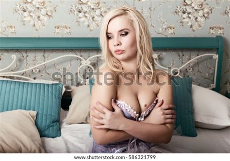 Sexy Beautiful Blonde Woman Corset Stockings Stock Photo