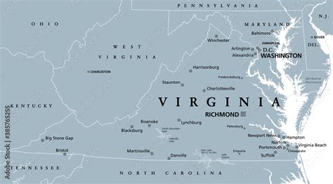 Virginia, VA, gray political map. Commonwealth of Virginia. State in ...