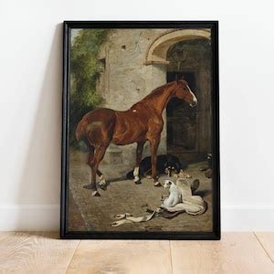 Vintage Chestnut Horse Painting Antique Print of Horse and Dogs, Animal ...