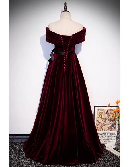 Elegant Burgundy Long Velvet Formal Dress Off Shoulder With Sash