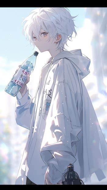 Premium Photo | Anime boy with white hair holding a bottle of water ...