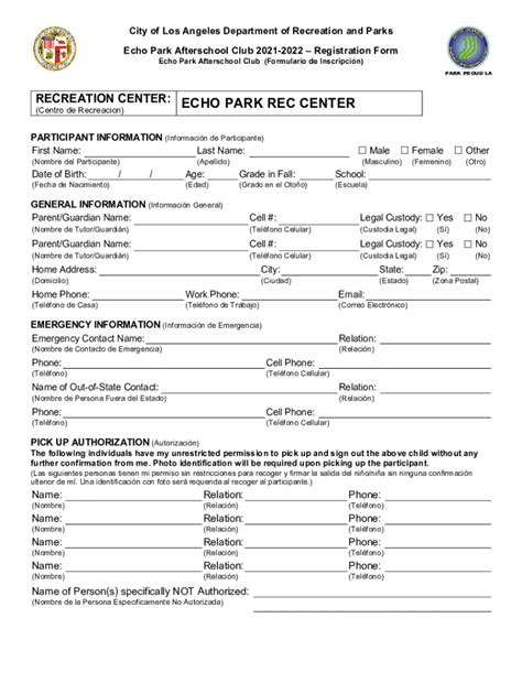 Fillable Online Laparks OrgreccenterechoECHO PARK RECREATION CENTER