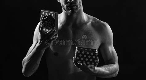 Muscular Macho Man With Naked Chest Hold Valentines Day Gift Box Love Stock Image Image Of