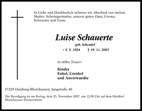 Traueranzeigen Von Luise Schauerte Trauer In Nrw De