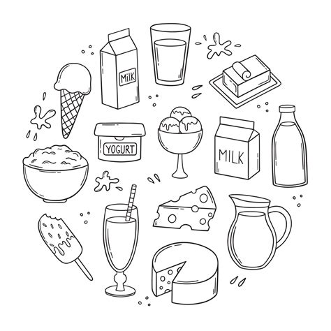 Hand Drawn Set Of Milk And Dairy Products Doodle Farm Food Cheese