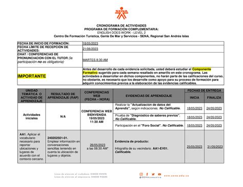 Cronograma Inglés II apuntes CRONOGRAMA DE ACTIVIDADES PROGRAMA DE