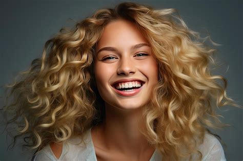 Premium Photo Curly Haired Beauty Cheerful Blonde Woman On Gray