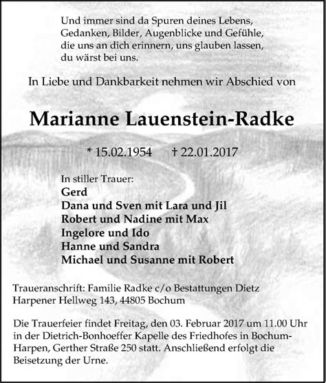 Traueranzeigen Von Marianne Lauenstein Radke Trauer In NRW De