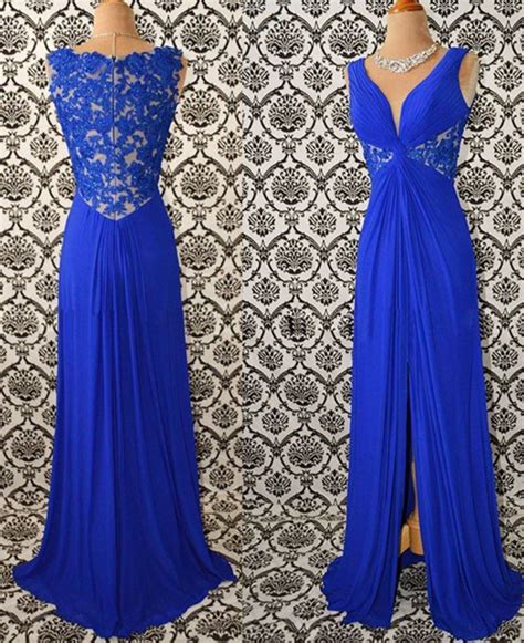 Elegant Prom Dress Royal Blue Lace Chiffon Evening Dress Long Evening