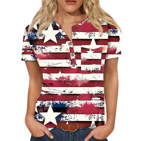 Ehtmsak Independence Day Womens Western Shirts Short Sleeve 4th Of July