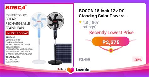 BOSCA 16 Inch 12v DC Standing Solar Powered Outdoor Rechargeable Solar