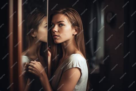 Premium Ai Image A Young Woman Standing In Front Of A Mirror And