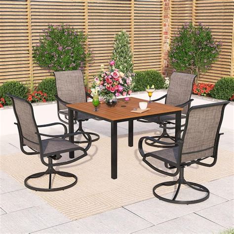 PHI VILLA Black 5 Piece Metal Square Patio Outdoor Dining Set With Wood