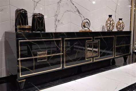 Casa Padrino Luxury Art Deco TV Cabinet Black Gold Handmade Solid