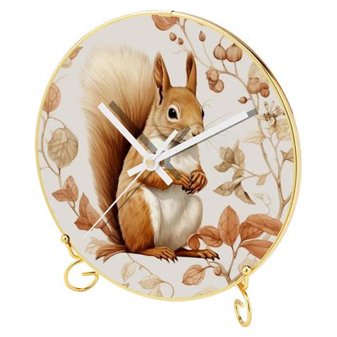 OWNTA Squirrel Pattern Round Printed Wall Clocks With Hooks And Gold