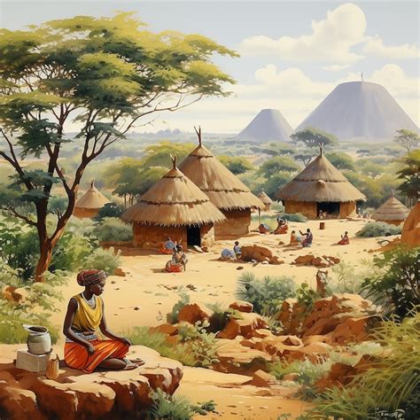 Traditional african huts village surronded by tree with kids sitting ...