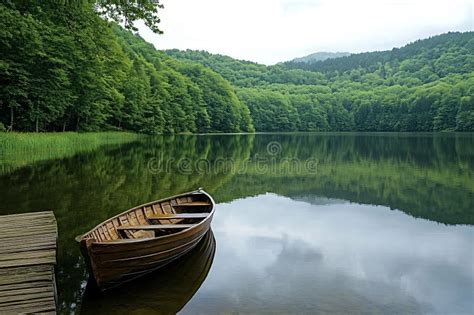 Wooden Rowboat Floating On Calm Lake Reflecting Green Forest Stock