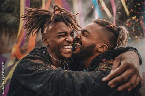 Confetti Raining Onto A Gay Couple With Gay Flag Rainbow Flag Laughing And Having Fun At A