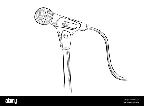 Vector Hand Draw Sketch Wired Microphone At Stand Isolated On White