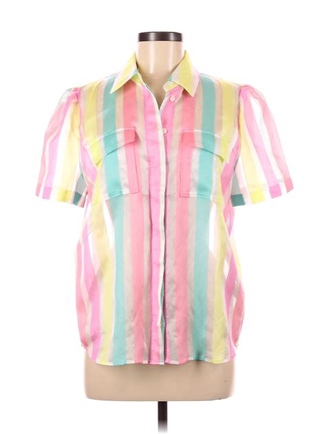 Halogen X Atlantic Pacific Stripes Multi Color Pink Short Sleeve Blouse