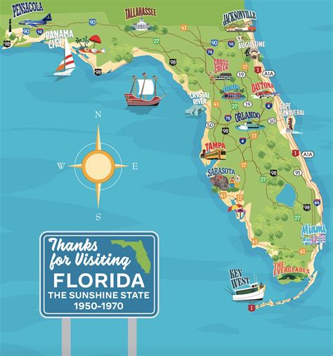 Vacation Map Of Florida USA Road Trip Travel Map 24x36 Poster Best