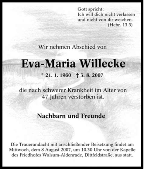 Trauer Und Todesanzeigen Von Eva Maria Willecke Trauer De