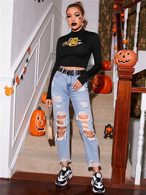 ROMWE PUNK Mock Neck Halloween Print Crop Tee SHEIN USA