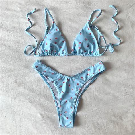 Bnib Shein Blue Floral Triangle Bikini Women S Fashion Swimwear Bikinis Swimsuits On Carousell