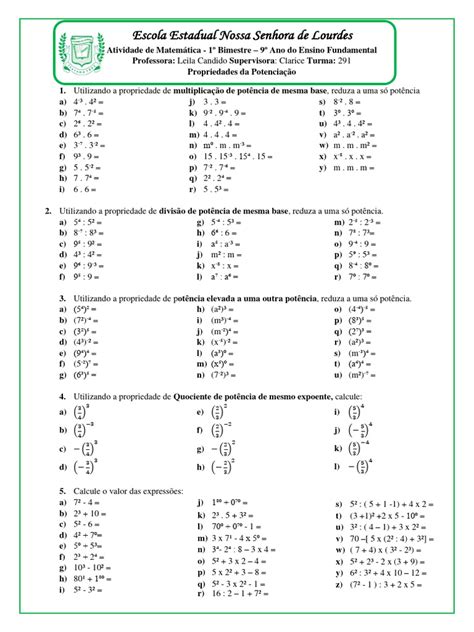 Propriedades Da Potenciação Exercícios Pdf - Exercícios sobre Propriedades das Potências | PDF | Matemática ...