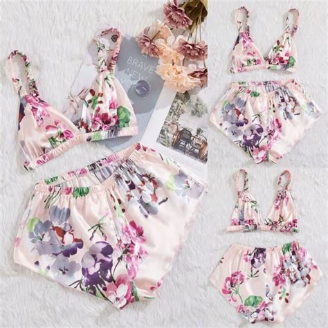 Satin Soie Pyjamas Femmes Chemise De Nuit Lingerie Sous Vêtements Vêtements De Nuit Impression