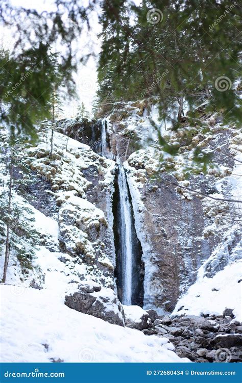 Mountain Waterfall with Rocks and Cliffs Covered with Snow Stock Photo - Image of covered ...