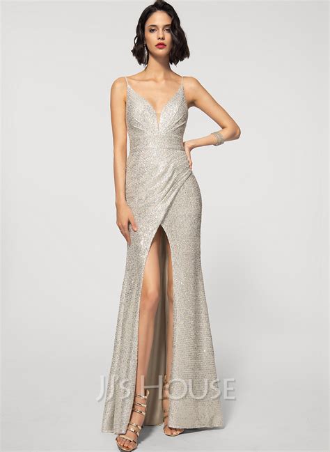 Sheath Column V Neck Floor Length Sequined Evening Dress With Split