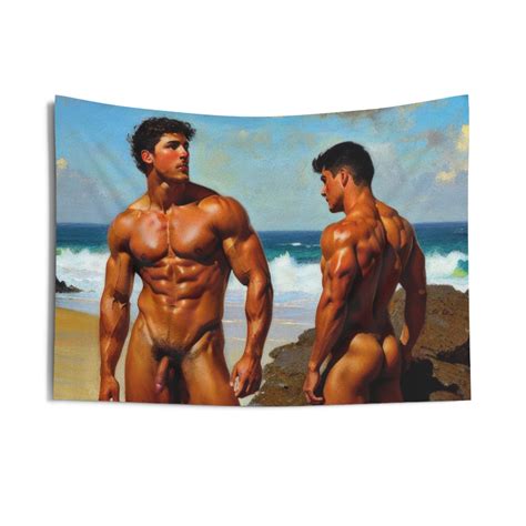 Male Nude Beach Indoor Wall Tapestry Gay Erotic Art Frontal And Rear Male Nudity Naked