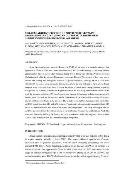 (PDF) Molecular Identification of AHPND Positive Vibrio Parahaemolyticus causing an outbreak in ...