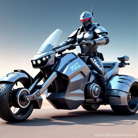 Futuristic Police Officer on Armored Motorcycle Trike | Stable Diffusion Online