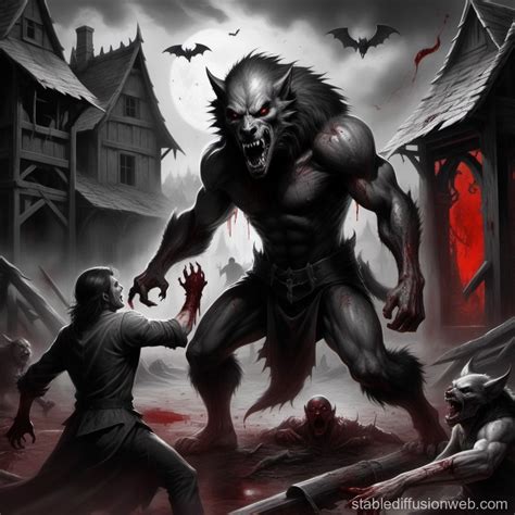 a black and white gothic art of werewolf battling a demonic vampire in ...