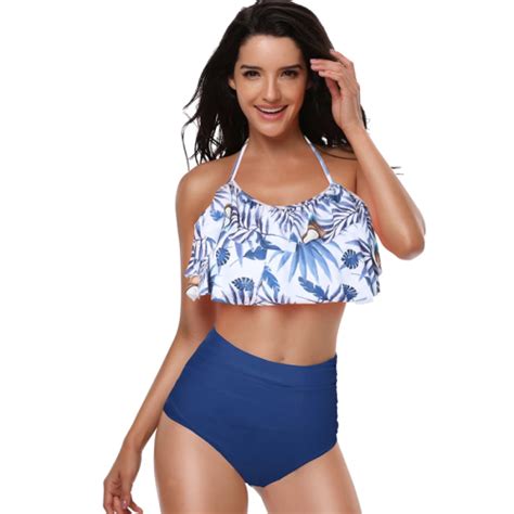 Strój Kąpielowy Bikini Wysoki Stan Falbanka Kokosy Niebieski Sapphire Fashion