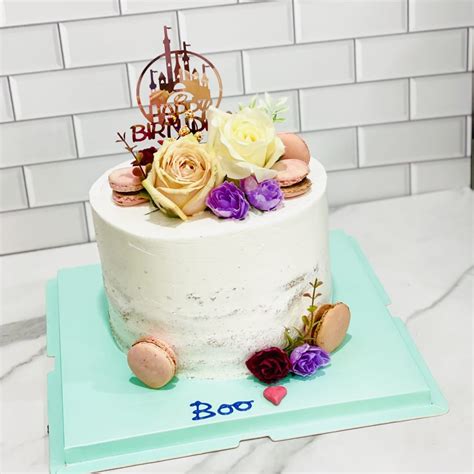 Naked Theme Cake With Flowers And Macarons