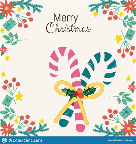 Merry Christmas Greeting Card Candy Canes With Holly Berry Frame