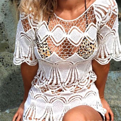 Women Beige Casual Hollow Lace Crochet Bikini Cover Up Beach Dress Swimwear On Luulla