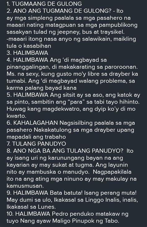 Tulang Panudyo Tugmang De Gulong Palaisipan Bugtong Brainly Ph