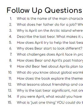 The Last Bear By Hannah Gold Follow Up Comprehension Questions And